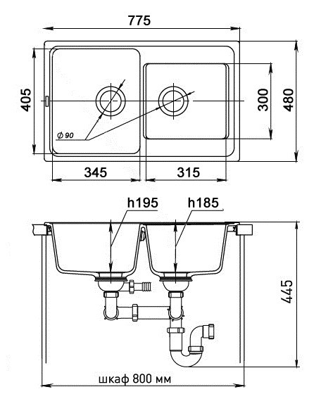 EWIGSTEIN Мойка ELEGANT 80D  2-чаши 780*480мм топаз арт.EW-