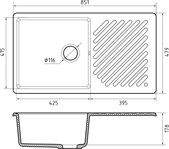 GRANFEST Мойка QUARZ 53  1-чаша+крыло 860*480мм бежевый арт.GF-ZL-