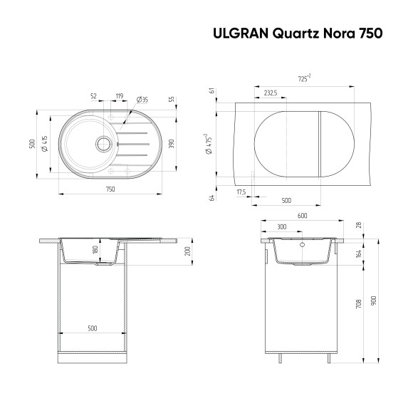 Мойка ULGRAN Quartz Nora 750-07, уголь