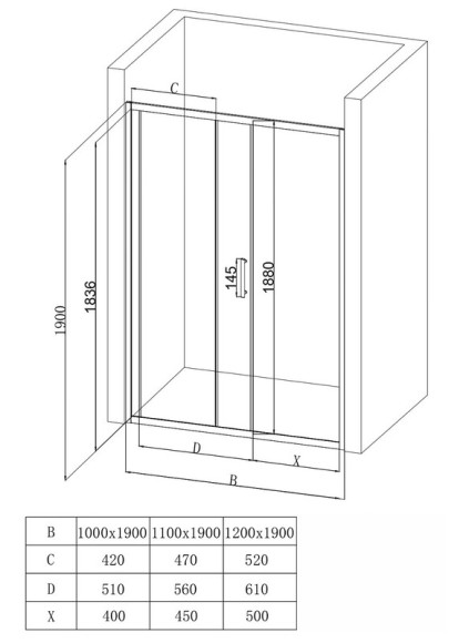 EG1CF Душевое ограждение в проем EvaGold 140х190, профиль хром, матовое стекло