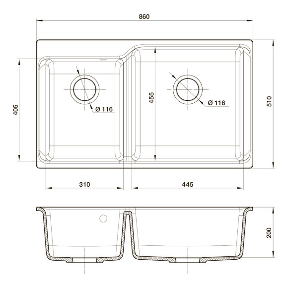 Мойка кухонная RIVELATO Axel 90D, 860x510, X-90D черный, кварц