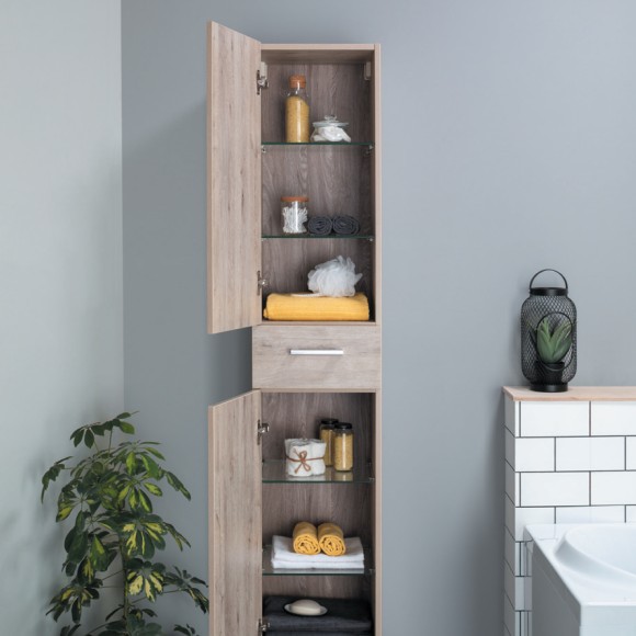 Пенал, 35 см, подвесной/напольный, универсальный, 2 дверцы, 1 ящик, 4 стеклянные полки, дуб кантри