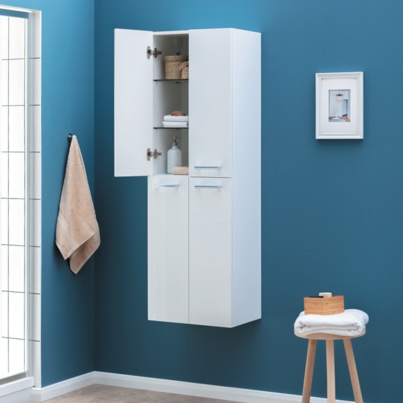 Пенал, 50 см, подвесной/напольный, универсальный, 4 дверцы, 4 стеклянные полки, белый глянец