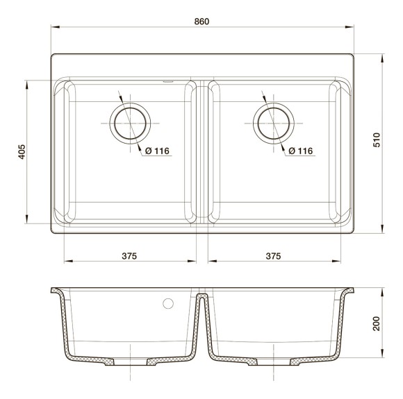 Мойка кухонная RIVELATO Axel 90-2D, 860x510, X-90-2D иней, кварц