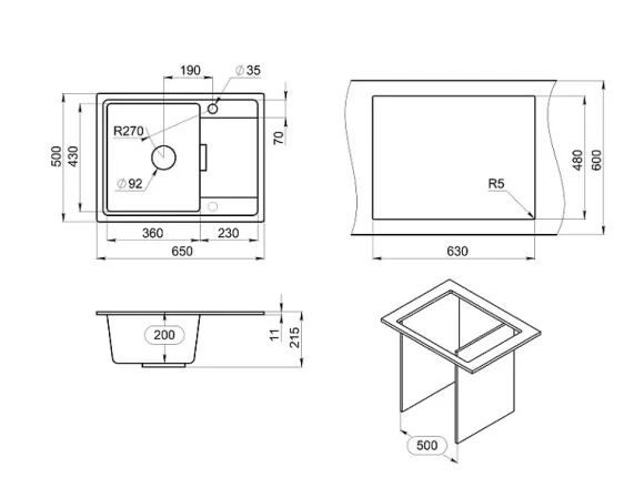6503, ЧЁРНЫЙ, кухонная мойка, кварц