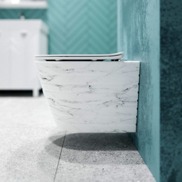 Унитаз подвесной K703MD белый мрамор безободковый, сиденье тонкое ДП, крепления 