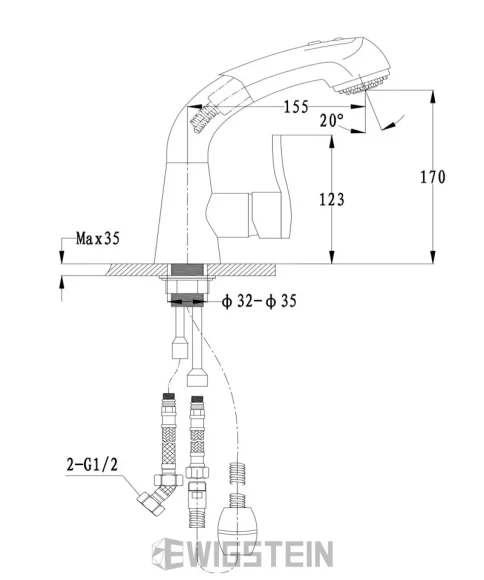 EWIGSTEIN Смеситель для кухни боковой с выдвижной лейкой D-40мм иней арт.