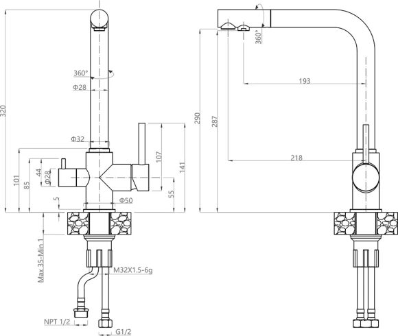 GRANFEST Смеситель для кухни Г-обр. с краном питьевой воды D-35мм хром арт.