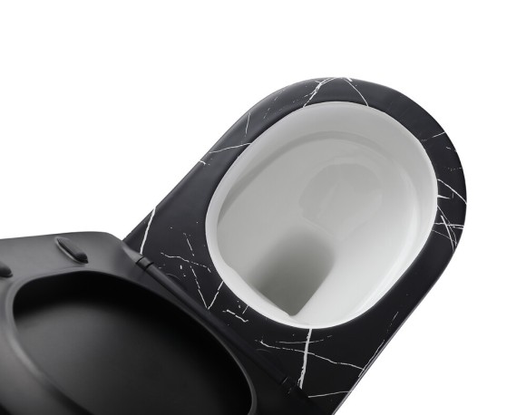 EG505Black-W Подвесной унитаз EvaGold мрамор черно-белый, безободковый, сид. черн. мат. тонкое ДП 