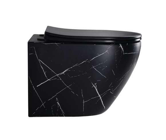 EG505Black-W Подвесной унитаз EvaGold мрамор черно-белый, безободковый, сид. черн. мат. тонкое ДП 