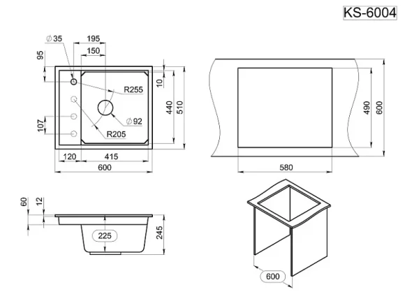 KS-6004, ЧЁРНЫЙ, кухонная мойка, кварц