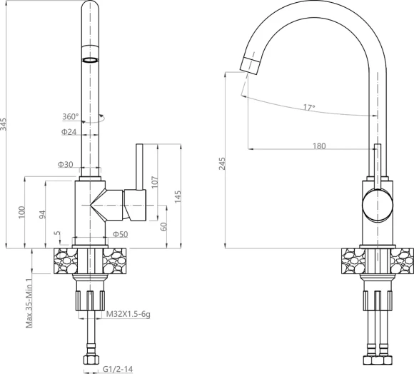 GRANFEST Смеситель для кухни U-обр. D-35мм серый арт.